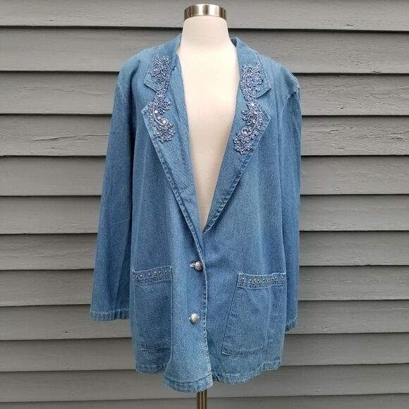 Vintage 90s y2k Denim Bling Floral Paisley Jean Jacket Blazer Size Woman's Large - Picture 1 of 11